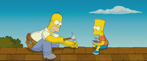 Homero Simpson y Bart Simpson reparando el techo de la casa