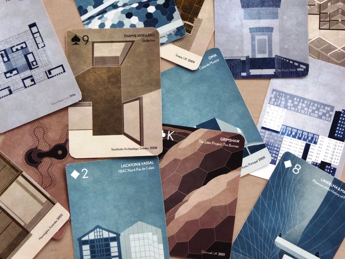 Juego de cartas con impresiones de edificios icónicos del siglo XXI. Proyecto financiado via Kickstarter.